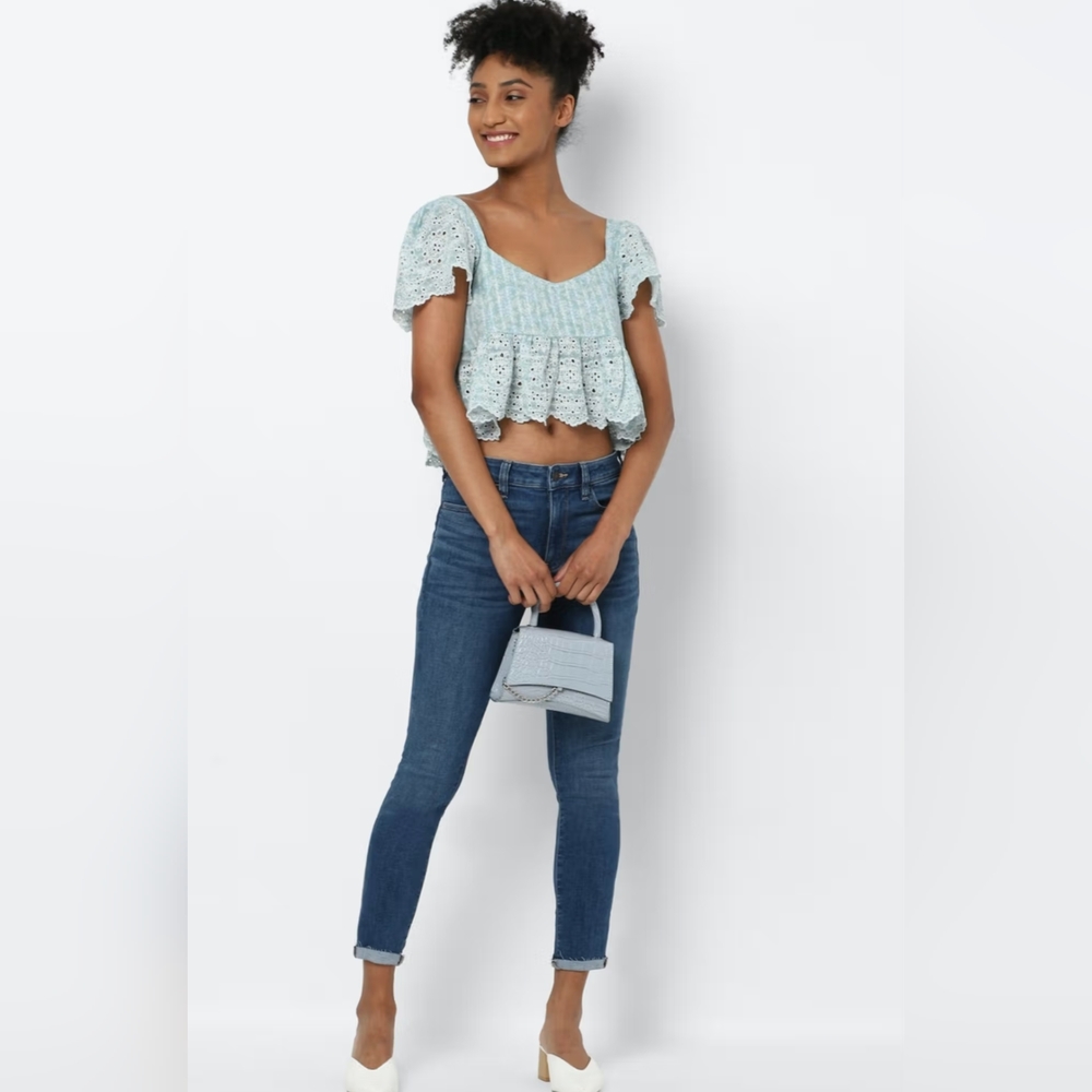 American Eagle Blue Ruffle Sleeve Baby Doll Blouse Crop Top Medium